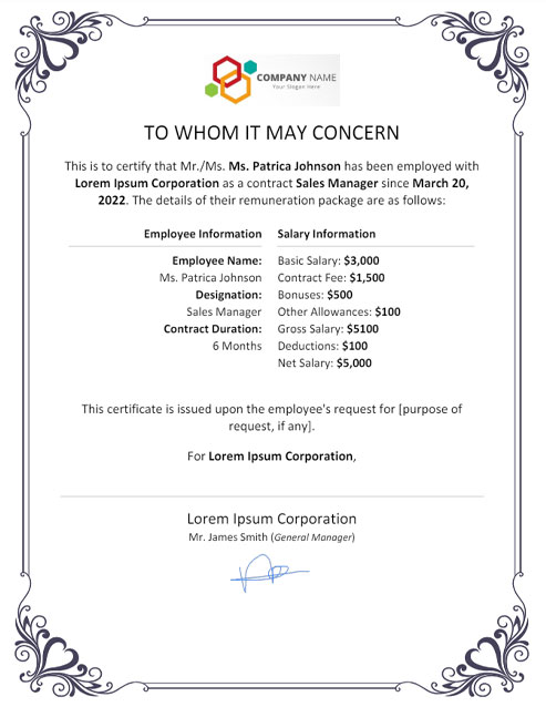 Contract Employee Salary Certificate